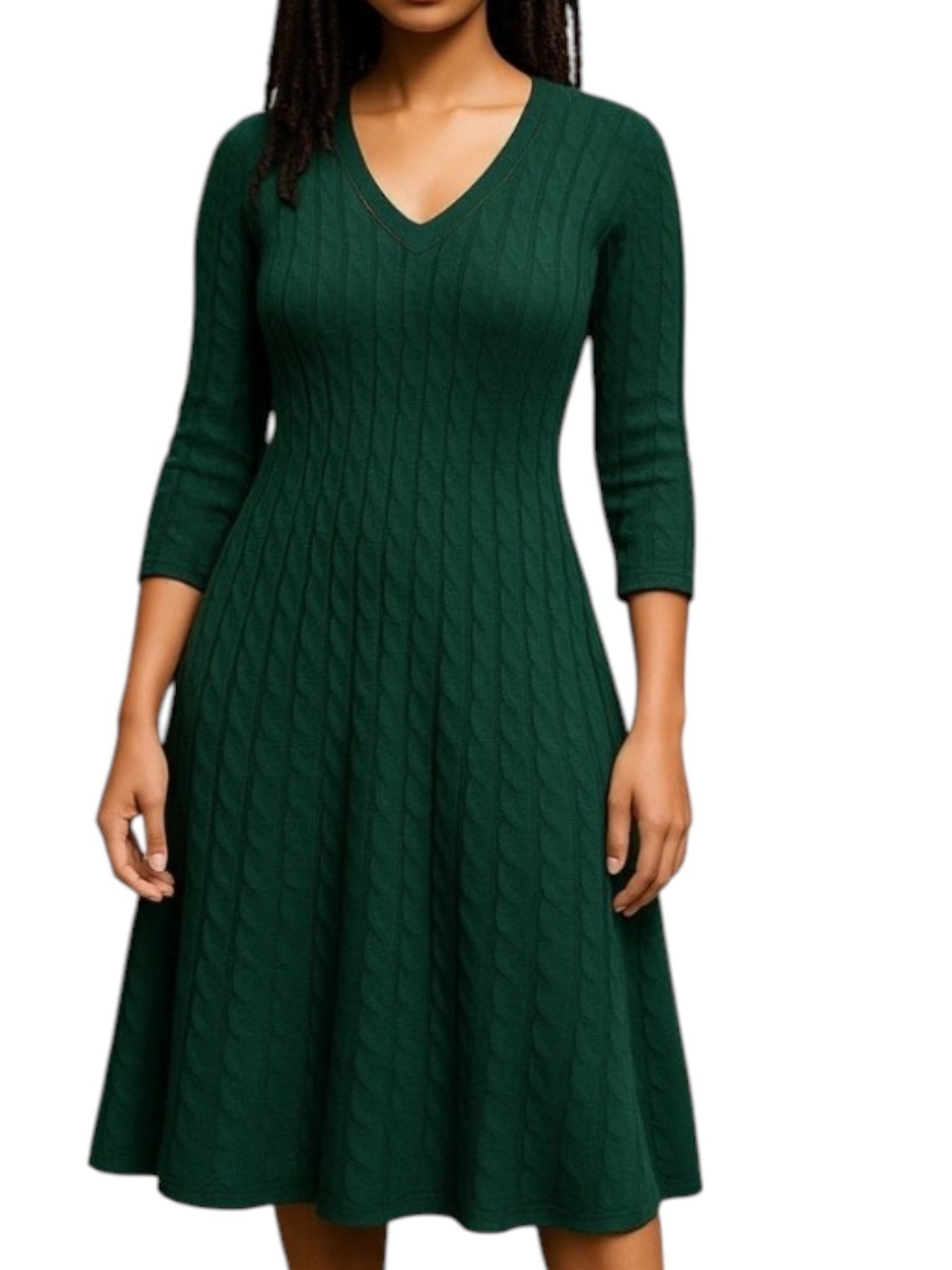 Jessica Green V-Neck Cable Knit Fit & Flare Dress